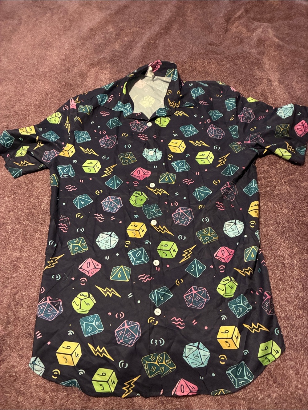 Black Short-Sleeve Button-Down Shirt with Neon Dungeons and Dragons Dice Print